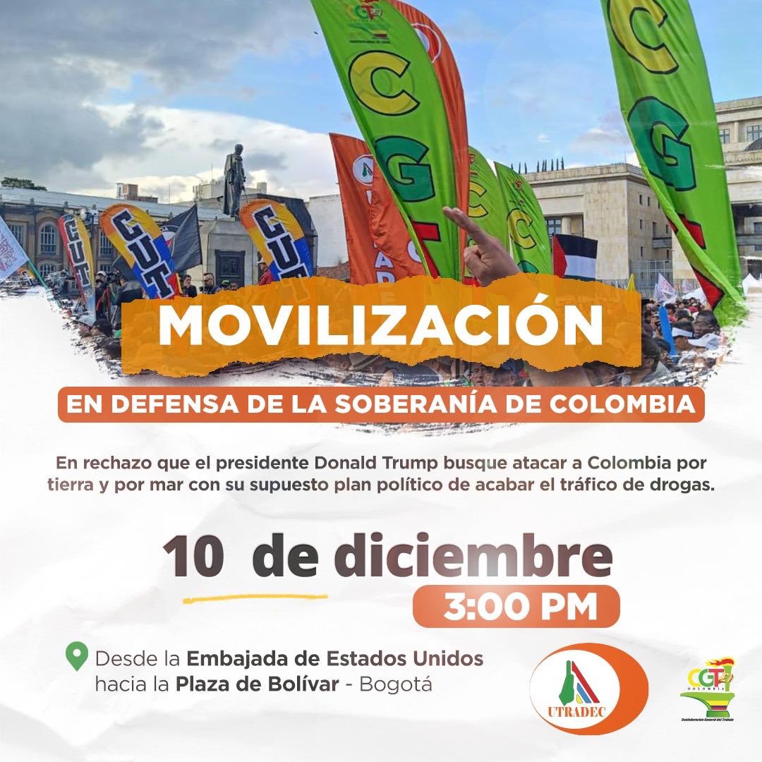 Defendamos la soberanía de Colombia.
Este 10 de diciembre, 3:00 p.m., nos movilizamos en rechazo a las intenciones de Donald Trump de intervenir en nuestro país.
📍 Embajada de EE. UU. → Plaza de Bolívar
¡La soberanía se respeta!