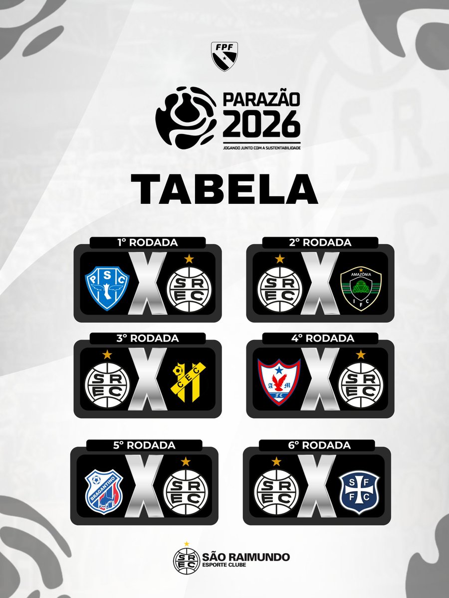 saoraimundo's tweet image. ✅ CONFIRA A TABELA DE JOGOS DO PANTERA NO PARAZÃO 2026! ⚫️⚪️

As datas, horários e locais das partidas serão definidos e divulgados pela Federação Paraense de Futebol (FPF).

#AvantePantera 🏴🏳️

#Parazão2026 #Pantera #SãoRaimundo #MaiorDoTapajós