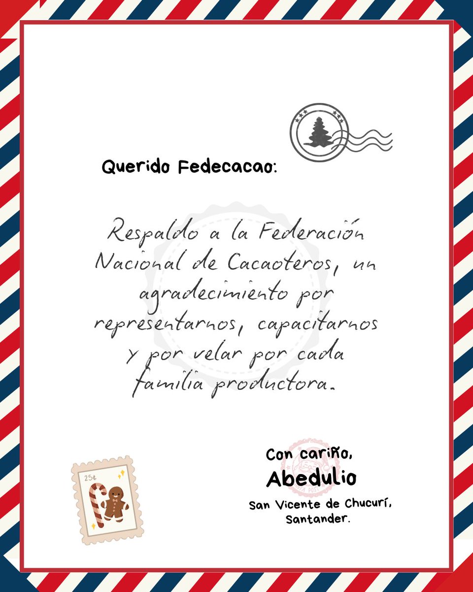 ¡Llegó el Correo Cacaotero desde San Vicente de Chucurí!  💌🎄En esta Navidad agradecemos el cariño de nuestros productores. Durante estos días compartiremos algunas de las cartas que hemos recibido este año, mensajes que reflejan su confianza con el gremio. ¡Gracias!💚👏🎅🏼