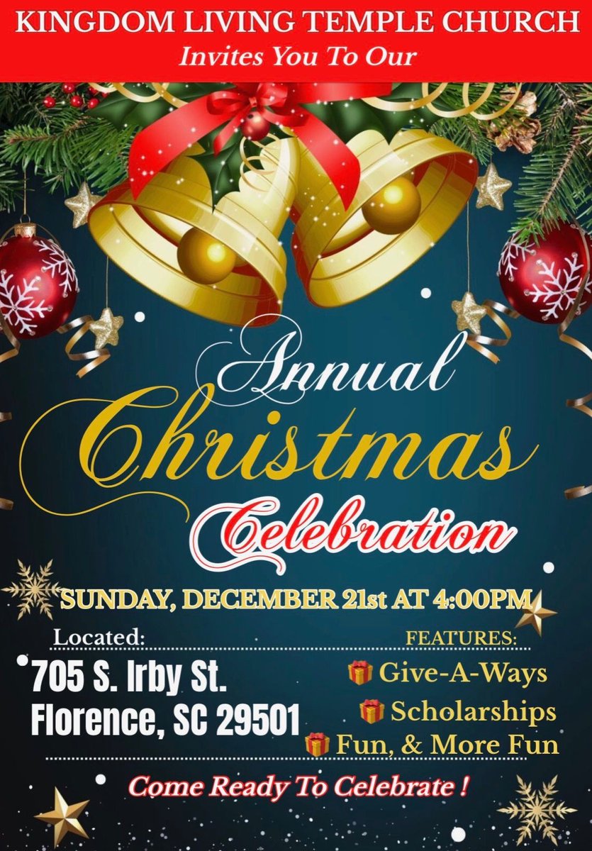 NewAlphaCDC's tweet image. KLTC is hosting its Annual Christmas Celebration, and you are all invited! There will be giveaways, scholarship opportunities, and plenty of fun activities🎁. See you all soon!🎄

Date: Sun. December 21st at 4PM
Location: 705 S. Irby St., Florence, SC 29501

#explore #newalphacdc