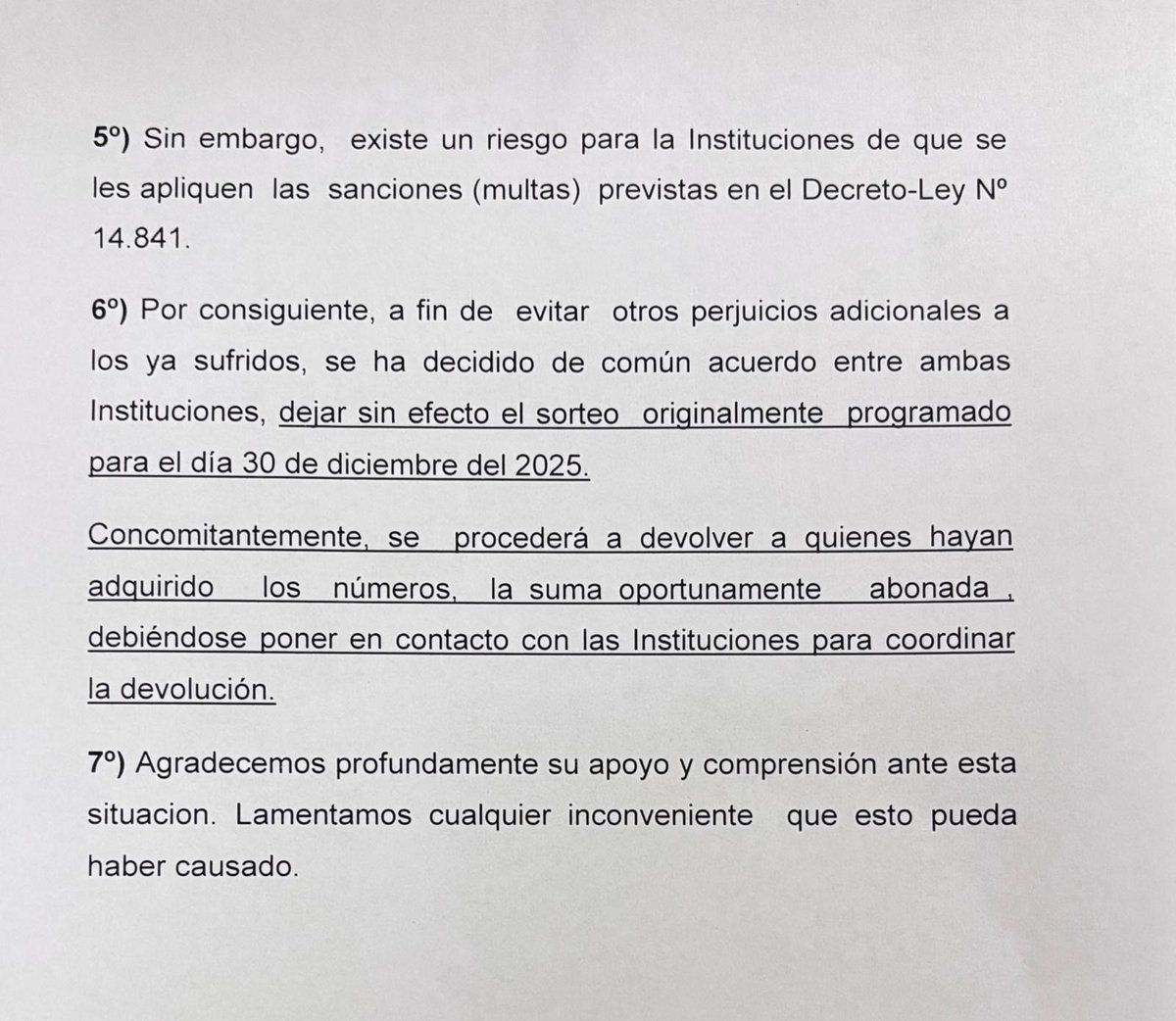 Tras la situación de denuncia anónima a la Dirección Nacional de Loterías y Quinielas por bono colaboración, las instituciones <a href="/jacobozibilfda/">Centro Dr Jacobo Zibil</a> y <a href="/sanantonioteam/">#ElEquipoDeFlorida San Antonio Ciclismo</a> decidieron "dejar sin efecto el sorteo".