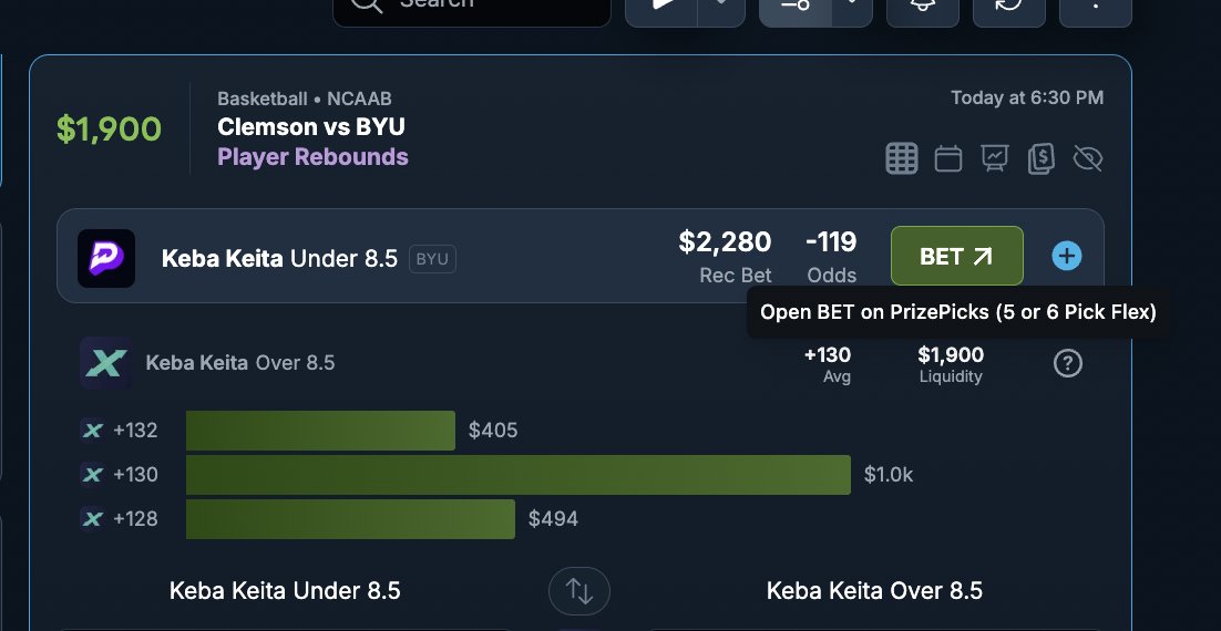 EVBettors's tweet photo. Pick #1 - Keita u8.5 from the @OddsJam Crossed +EV Tool ('Sharp Money'): https://t.co/x5WhmoNMT5

His over is a HEAVY underdog with HEAVY liquidity. ProphetX, a very sharp book, has him @ +132 odds to go over (underdog odds!)

PrizePicks = SAME PAYOUT if you take a player's over or under, so take his UNDER since that's the heavily favored outcome.