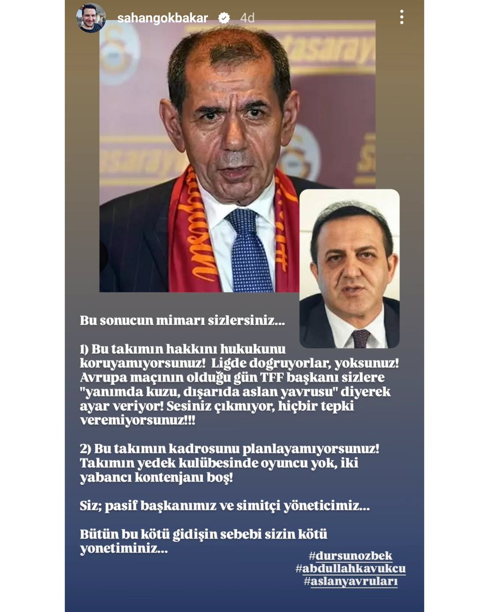 Şahan Gökbakar: "Bu sonucun mimarı sizlereiniz... 

1) Bu takımın hakkını hukukunu koruyamıyorsunuz! Ligde dogruyorlar, yoksunuz! Avrupa maçının olduğu gün TFF başkanı sizlere "yanımda kuzu, dışarıda aslan yavrusu" diyerek ayar veriyor! Sesiniz çıkmıyor, hiçbir tepki