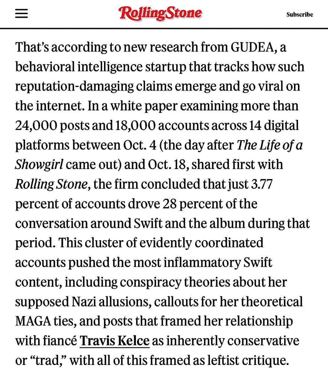 📝| New data analysis reveals alarmingly high percentage of inflammatory hate content published about Taylor Swift after Showgirl's release came from "inauthentic accounts."

"Examining more than 24,000 posts and 18,000 accounts across 14 digital platforms between Oct. 4 and Oct.