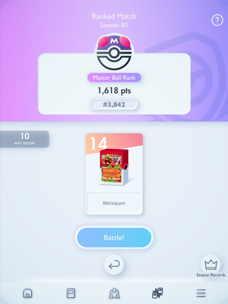 Llegamos al Top 5,000 en #PokemonTCGPocket ✨️

Les muestro esta win streak que no es totalmente con el deck de Mega Blaziken, las primeras 6 fueron con Suicune pero la gallina de fuego sigue siendo un deck decente para subir 💜

Video en mi canal de tutub 🥰