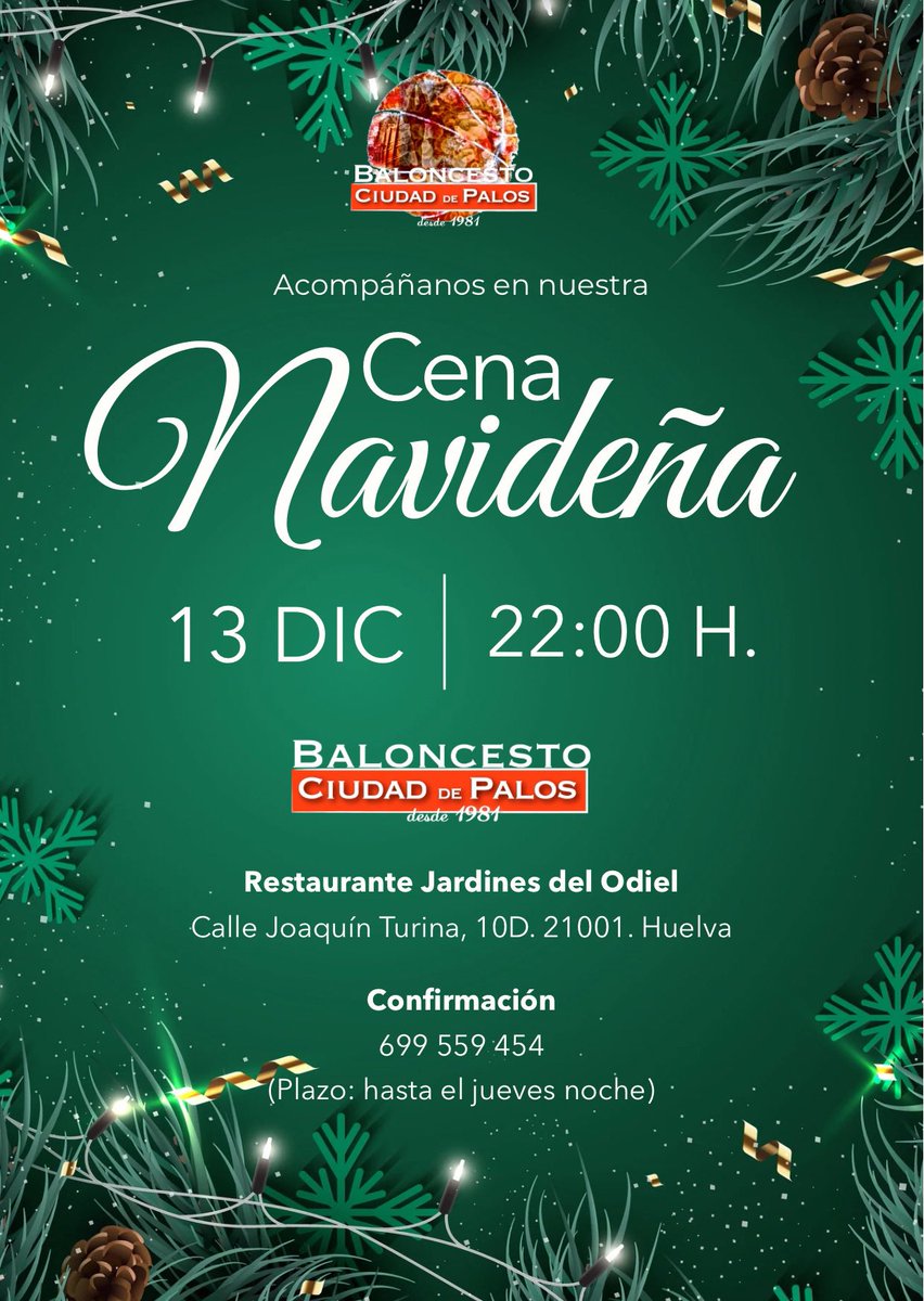 cbciudaddepalos's tweet photo. ¡𝗡𝗼𝘀 𝘃𝗮𝗺𝗼𝘀 𝗱𝗲 𝗰𝗲𝗻𝗮 𝗱𝗲 𝗡𝗮𝘃𝗶𝗱𝗮𝗱! 🎄 

¿Quieres acompañarnos?

Tienes para reservar hasta el jueves por la noche, en el siguiente teléfono: 
📲 699 559 454

#cbciudaddepalos 
#juntosllegamosmáslejos https://t.co/adZ30WmM3I