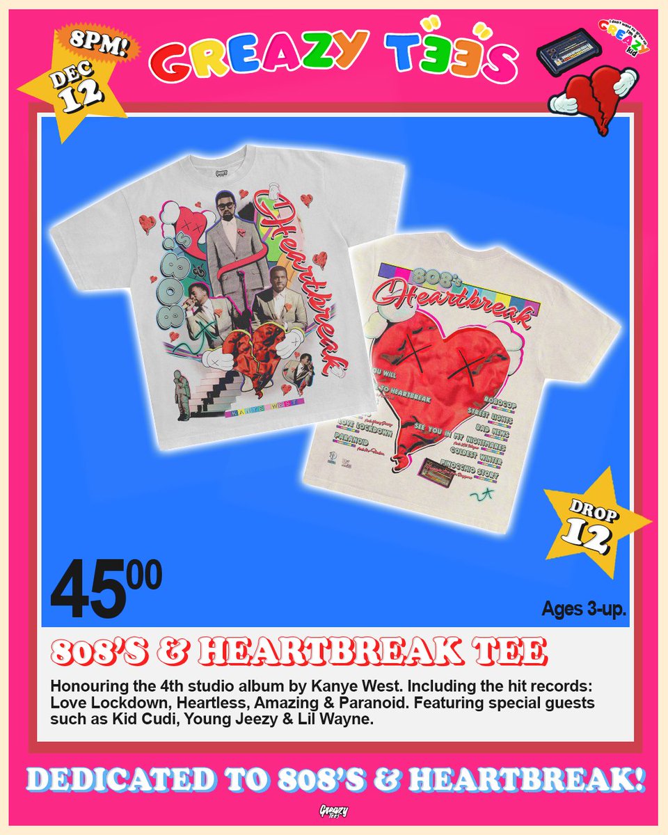 GreazyTees's tweet image. 808’S &amp;amp; HEARTBREAK 💔 3 new kanye tees!

We’re celebrating a classic. 808’s is massively underrated &amp;amp; really has aged perfectly. The sonic shift to a more electro-pop sound with sprinkles of rap made this a truly innovative album. We did a classic big print album tee as well as 2