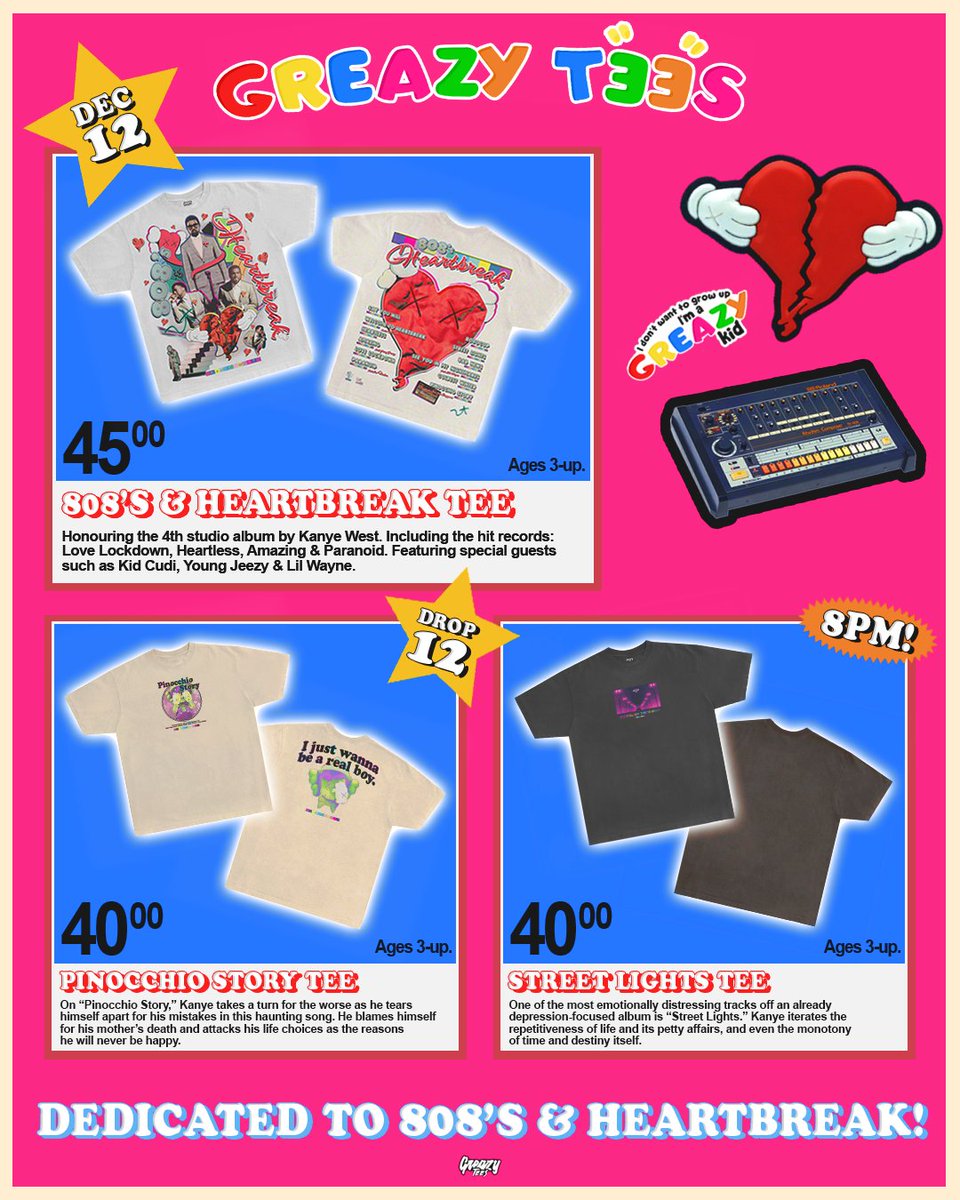 GreazyTees's tweet image. 808’S &amp;amp; HEARTBREAK 💔 3 new kanye tees!

We’re celebrating a classic. 808’s is massively underrated &amp;amp; really has aged perfectly. The sonic shift to a more electro-pop sound with sprinkles of rap made this a truly innovative album. We did a classic big print album tee as well as 2