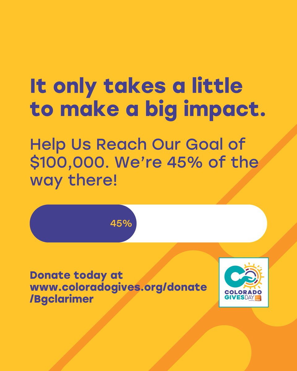 We’re almost halfway to $100,000 this #ColoradoGivesDay! And we need your help to reach the finish line before midnight! Each year, more than 2,500 youth walk through our doors ready to grow, learn, and dream. Help build great futures, today 🔗coloradogives.org/donate/Bgclari…