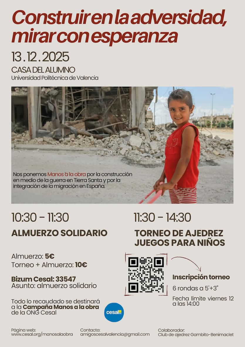 El Sábado 13.12.2025 vamos a cocinar para el evento "Construir en la Adversidad, Mirar con Esperanza" Todo lo recaudado se destinará a la #CampañaManosALaObra de la #ONGCesal

Los esperamos a todos
#Valencia #CasaDelAlumno