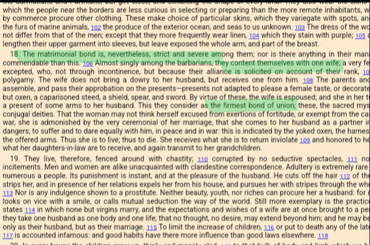 ElonBachman's tweet image. Tacitus: "The matrimonial bond is strict and severe...almost singly among the barbarians, they content themselves with one wife...the firmest bond of union..."