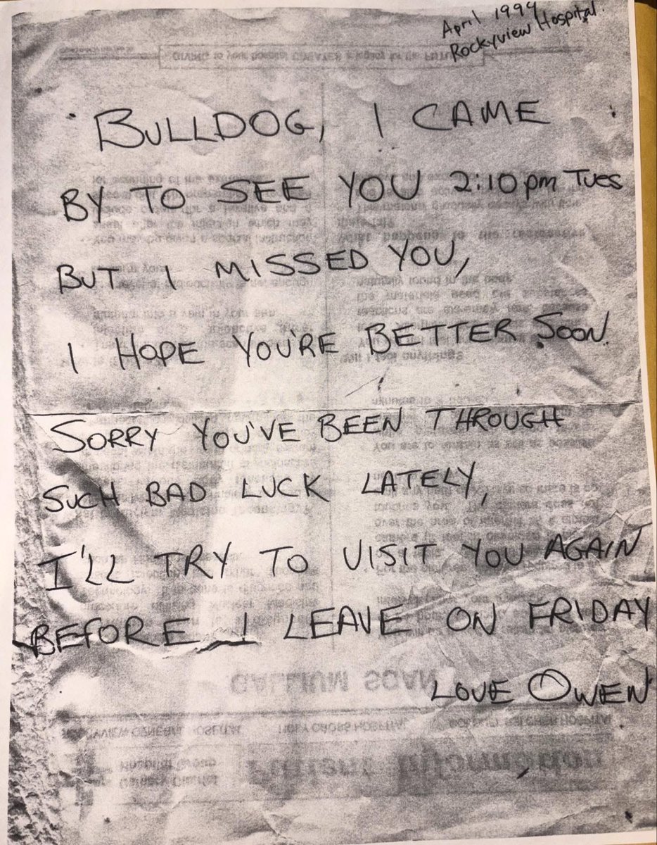 _daveyboysmith's tweet image. A letter written by my uncle Owen to my dad, while Davey was in the hospital in Calgary- April, 1999. Owen always made an effort to visit my dad regularly when my dad was suffering with his staph infection where his back was broken. This was right when Davey was released from WCW
