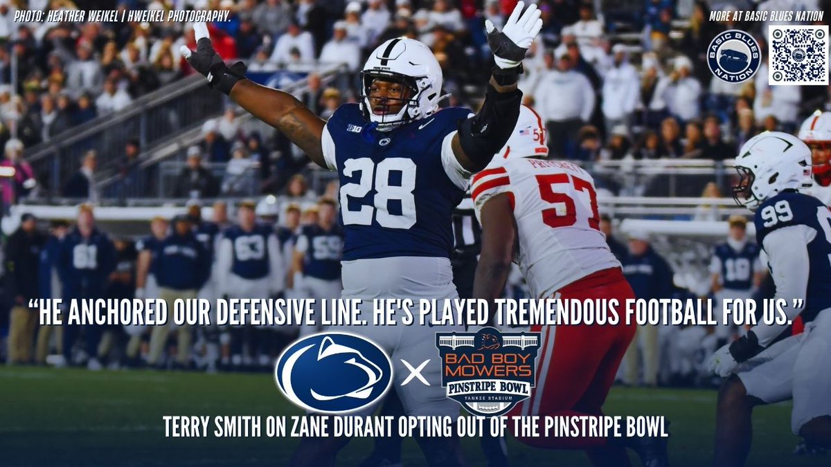 Terry Smith noted today that senior DT Zane Durant is the only Nittany Lion who has decided to opt out of the Pinstripe Bowl so far:

"Zane has meant a lot to what we've done defensively here at Penn State. He anchored our defensive line. He's played tremendous football for us.