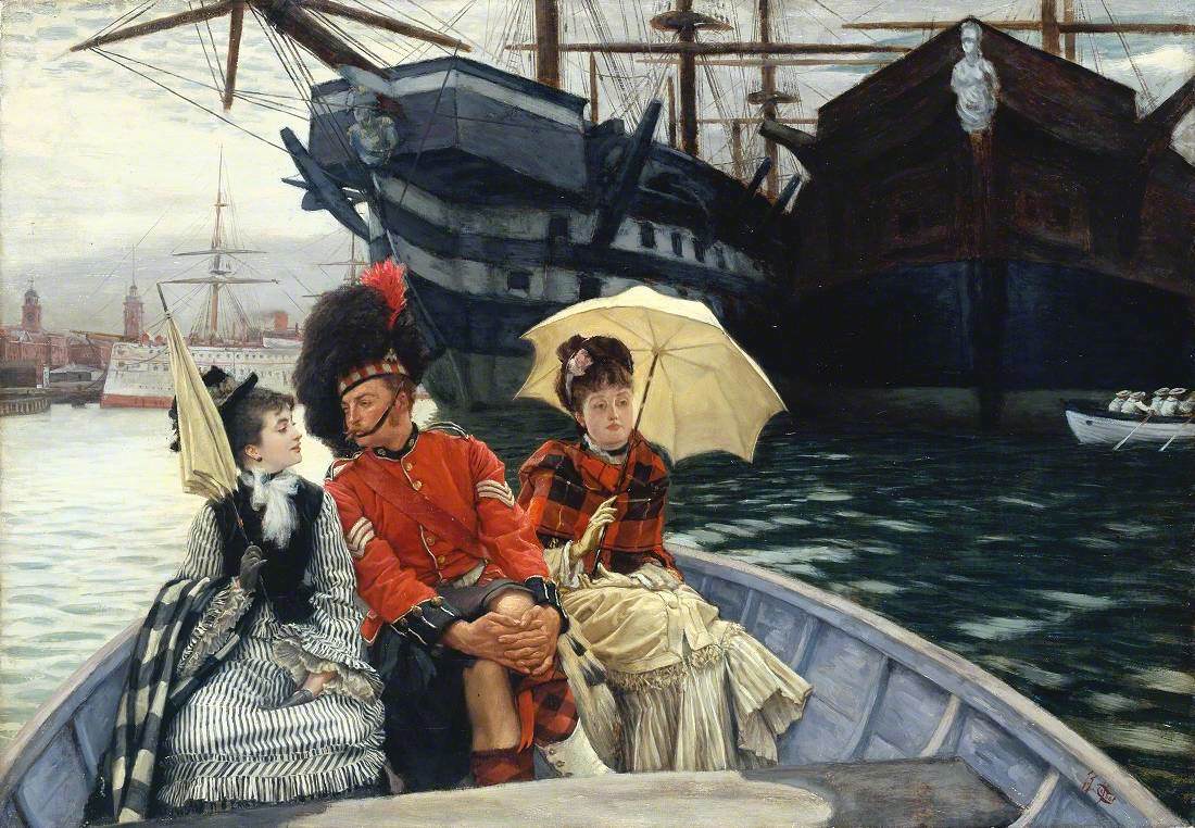 Painting at Bedtime.
Portsmouth Dockyard.
James Tissot.

Tissot was a well known French artist when he came to live in the UK, but he got quite a lot of grief for painting people who were not upper class. This painting shows a soldier who is not an officer with two ladies.