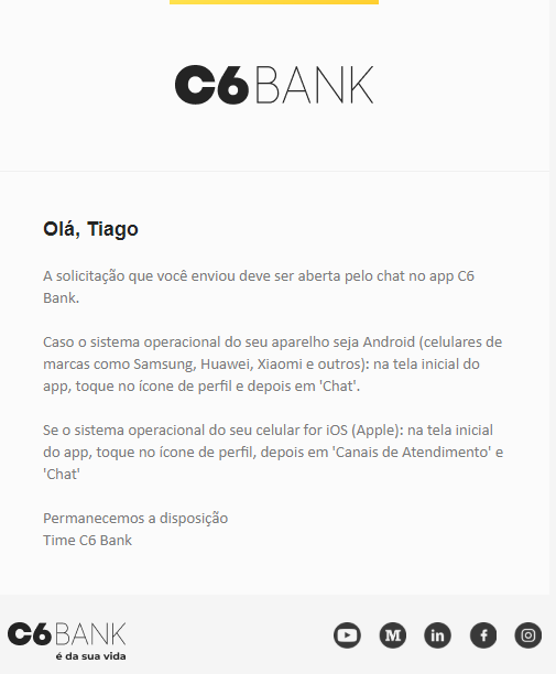 tiagoandrepro's tweet photo. @C6Bank  diz no site que o canal para falar com o Encarregado de Dados é o e-mail.
Envio a solicitação.
Resposta: “Abra no chat do app”.
É o famoso compliance que existe e não existe ao mesmo tempo. https://t.co/j1LAFZAy1g