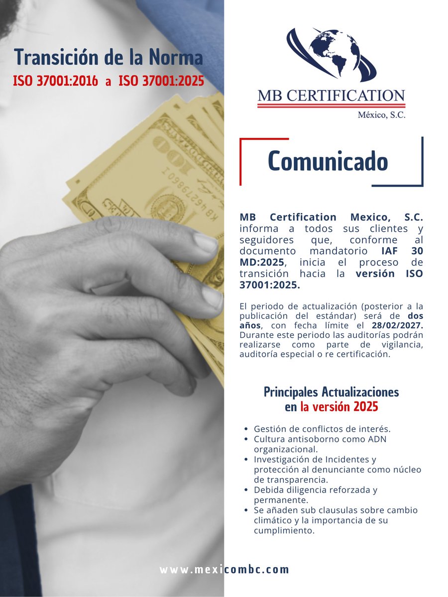 MexicoMb's tweet photo. En febrero de 2025, ISO publicó la nueva edición de ISO 37001:2025.
Si tienes certificación vigente, será necesario planear la transición antes del plazo de migración.

Realiza tu transición con nostros
https://t.co/nW2gnUdMAw

https://t.co/LQvN5R7kBK
Tel.: 55 7045 3150 https://t.co/Ig147BHs5O