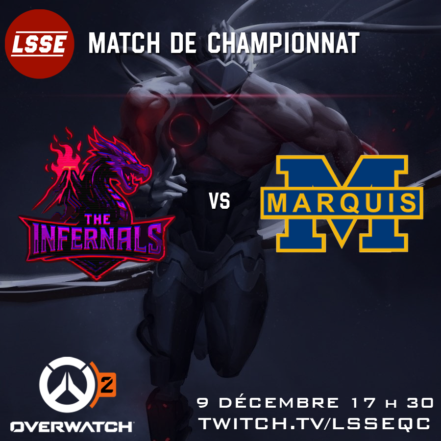 Le <a href="/cfpriverains/">CFP des Riverains</a> affronte le Collège Mont Saint-Anne dans la grande finale d’Overwatch 2. The Infernal, une équipe habituée aux grandes finales suite à leur 3e apparition consécutive et une première pour les Marquis.
Un affrontement qui sera certainement rempli d’action!