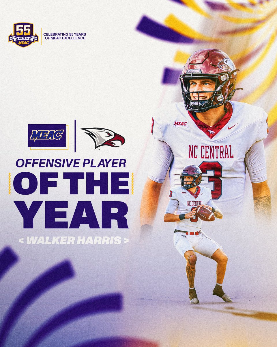 MEACSports's tweet photo. NC Centralโs Walker Harris has been named the 2025 MEAC Offensive Player of the Year. @_walkerharris_
#MEACFB | #MEACPride https://t.co/ZKJK7iostz