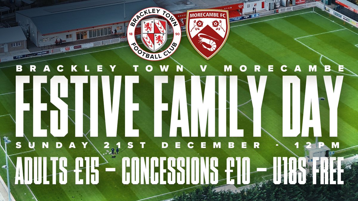 Our next home game is a big festive fixture at St James Park as we host <a href="/MorecambeFC/">Morecambe FC</a> on Sunday 21st December

🎄 Kids go FREE
🎟️ Reduced prices
🍳 Doors open from 10am
🎶 Festive DJ before &amp; after the game

Full details 👉 shorturl.at/EvQnC

#WeAreBrackley🔴⚪️ #BackBrackley