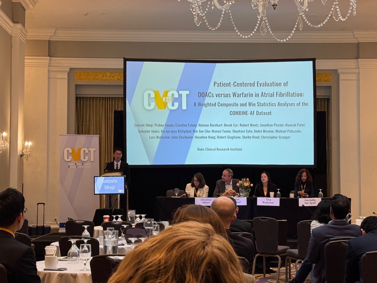 SS_cardiol's tweet photo. Just presented at #CVCT2025 LBCT! 📢
Honored to share our analysis of DOAC vs Warfarin using #WeightedComposite &amp; #WinRatio 🫀

Important implications for shared decision making!
Huge thanks to the team!
@CVCTForum @hvanspall @robmentz @JonPicciniSr @DCRINews @DukeCardFellows https://t.co/YFo1G6eBpj