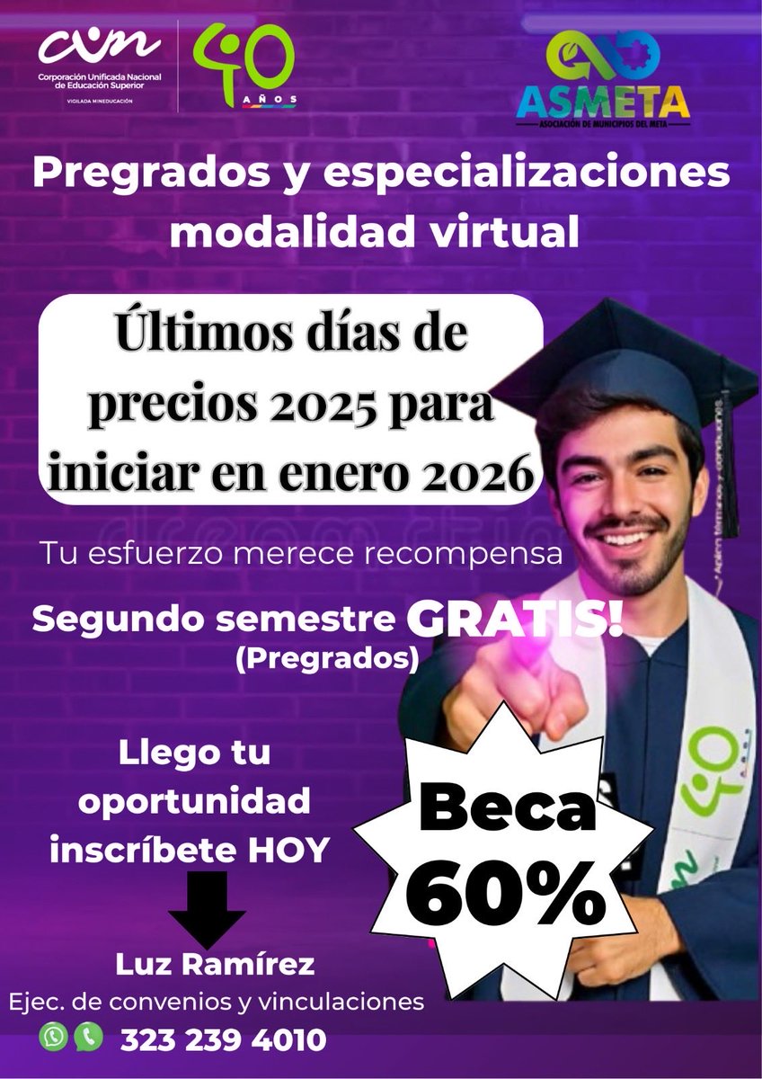 En el convenio entre la CUN y ASMETA, reiteramos que la educación es un pilar fundamental para el desarrollo profesional y el fortalecimiento de nuestra comunidad. A través de estos procesos, promovemos la excelencia, las  oportunidades y crecimiento académico, laboral y social.