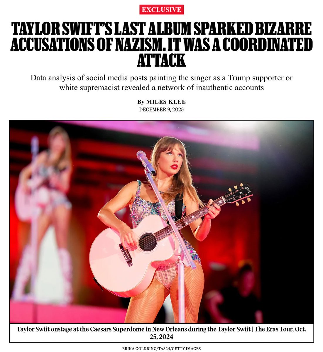 a rolling stone divulgou uma matéria investigativa sobre +18 mil contas coordenadas com foco único em espalhar desinformação sobre a taylor. o primeiro ataque nos dias 6 e 7 de outubro e o segundo nos dias 13 e 14 com cerca de 40% das postagens compartilhadas por contas bot