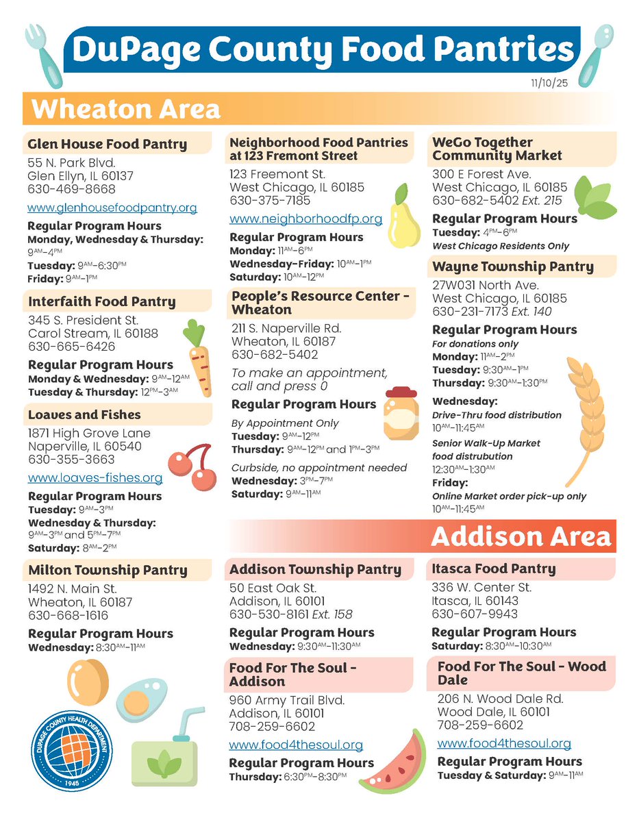 🛒 Need help with groceries? 

Whether you’re looking for drive-thru, walk-in, or appointment-based services, there are several local food pantries offering free groceries &amp; meals. 

🕒 Hours vary by location 

Additional recourses can be found at: 211dupage.gov