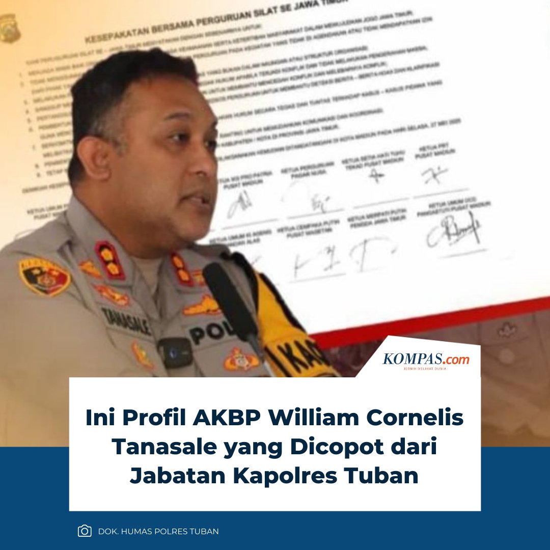kompascom's tweet image. Kapolda Jawa Timur, Irjen Pol Nanang Avianto, mencopot jabatan AKBP William Cornelis Tanasale, sebagai Kapolres Tuban yang baru 8 bulan lalu mengemban jabatan tersebut.

Pria dengan nama William Cornelis Tanasale, yang lahir pada Tanggal 22 Juni 1983 di Ambon tersebut lulus…