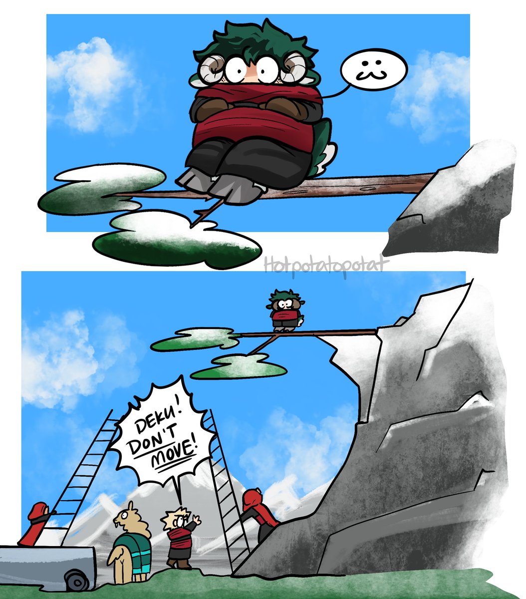 HotPotatoPotat's tweet photo. Ram Deku is quite content at high altitude. 
Bakugou, on the other hand, is not. 

This is a gift for my friend Thorne! https://t.co/cXfHRrAUHC