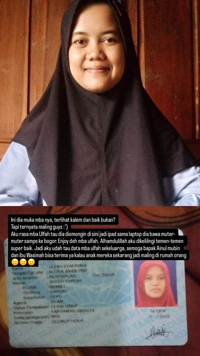 muthiahndyn's tweet photo. Twitter please do your magic, tolong temukan aku sama ibu-ibu yang nyari ART, biar nggak ada lagi yang ketipu dan dirugikan sama orang ini🙏🏻
Namanya Ulfah Syafriani, domisili Blora. Mencuri motor, ipad, laptop, hp, dan make up pouch. Hati-hati yaaaaa https://t.co/nkjhzw75r4