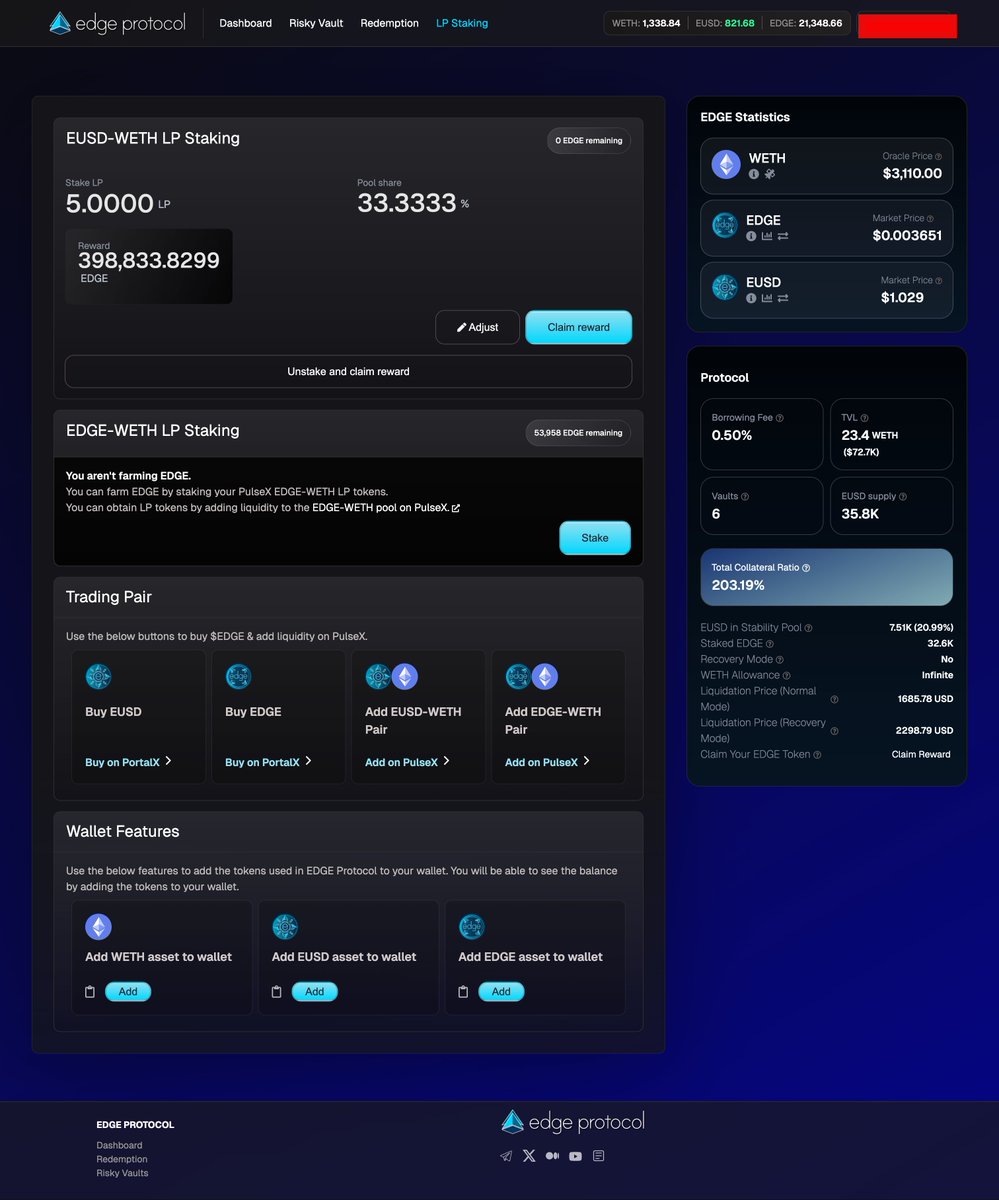 🚨 A new **ETH-backed stablecoin** is launching soon on **PulseChain + Base**!

Built **by the PowerCity team** (not mine, I am just covering the tech).

Lock **WETH** → mint **EUSD** at **0% interest**.  
Immutable contracts. No admin keys.  
Stake **EDGE → earn real yield:
