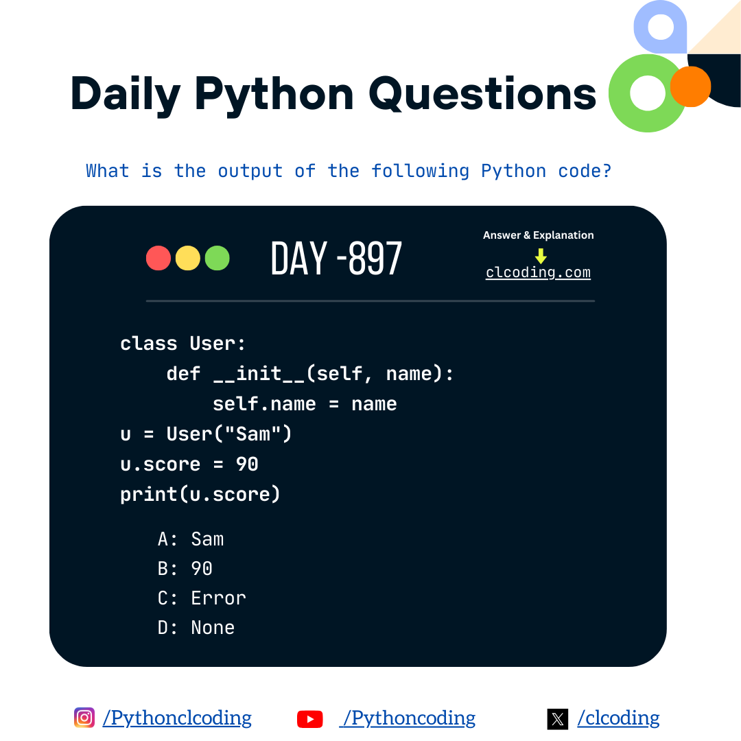 clcoding's tweet image. Python Coding challenge - Day 897| What is the output of the following Python Code?

Answer with Explanation: clcoding.com/2025/12/python…