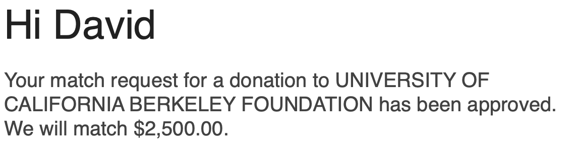 djs510's tweet image. Excited that my donation to @UCBerkeley was matched by my employer! Go Bears! #Calgorithm