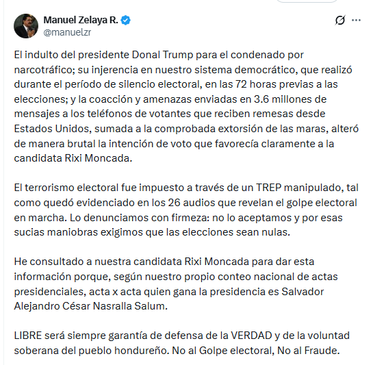🔴 "Mel" Zelaya reconoce que Rixi Moncada no ganó la elección presidencial y asegura que, según el conteo de actas de Libre, el ganador es Salvador Nasralla. Además, insiste en que hubo manipulación del TREP.

#HondurasDecide #EleccionesHonduras2025