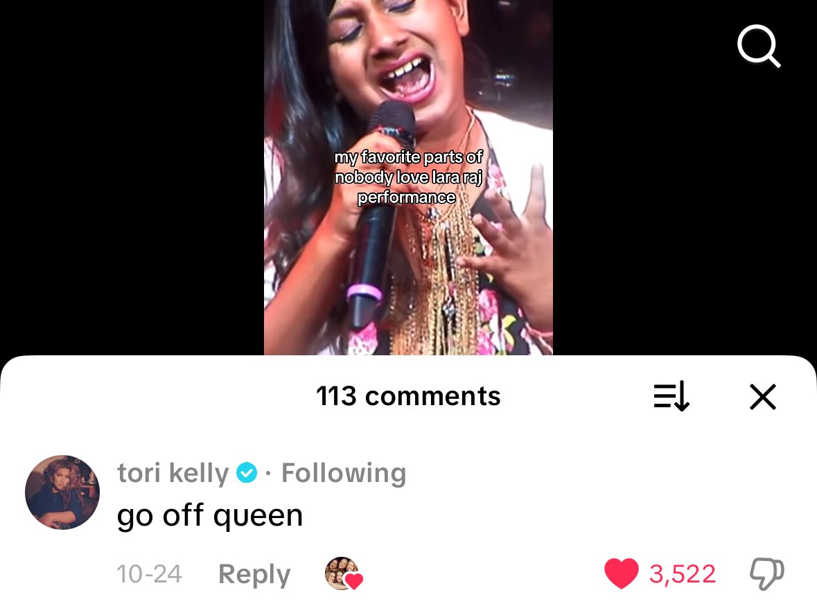 tori commenting on THAT video of lara singing her song lmfao 😭
