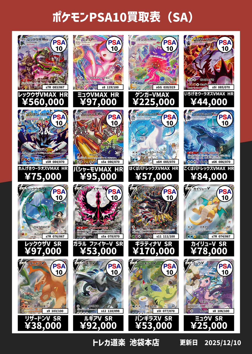 ⭐️トレカ道楽 池袋本店⭐️ ／ SA・GXのPSA10強化買取表です