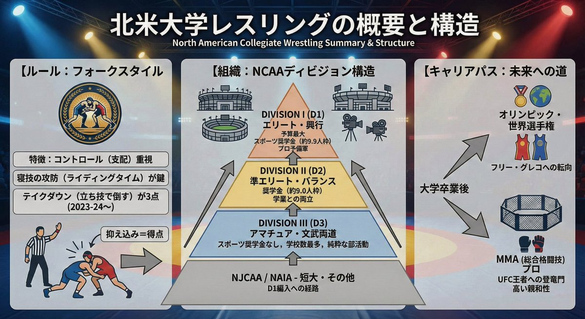 CageSideNote's tweet image. 【図解】北米大学レスリングの全貌🇺🇸🤼
五輪とは異なる「フォークスタイル」ルール、巨大な興行規模を誇る「NCAA」の階層構造、そしてMMA王者も続出するキャリアパスを1枚にまとめました。

NCAAのディビジョン構造（D1/D2/D3）と、気になる「スポーツ奨学金」の仕組みを整理しました。…