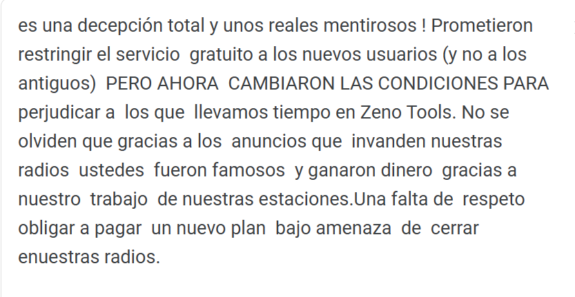 laxlruiz's tweet photo. @zenodotfm It's a total disappointment and they're complete liars! They promised to restrict the free service to new users (not existing ones), BUT NOW THEY'VE CHANGED THE TERMS TO jeopardize those of us who have been with Zeno Tools for a long time. ,,, #zenoRadio #zenotools https://t.co/WLIuBK3sBE