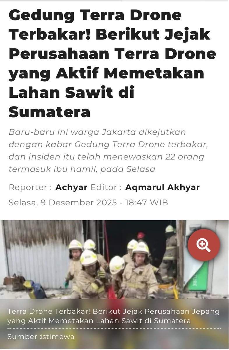 Kebakaran Gedung Terra Drone menewaskan 22 orang.
•
Perusahaan ini berada di persimpangan sensitif antara teknologi pemetaan dan kepentingan besar industri sawit. 
Mungkin ini sekadar insiden.
Namun di sektor yang penuh tarik-menarik data, konsesi, dan kepemilikan lahan, setiap