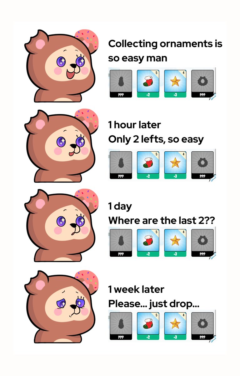 If you’re still stuck at 10/12 like this bear…

Your salvation is coming 👀

Ornament drop rate will increase at 10 AM UTC TODAY

⚠️ Set your alarm. Seriously🎄