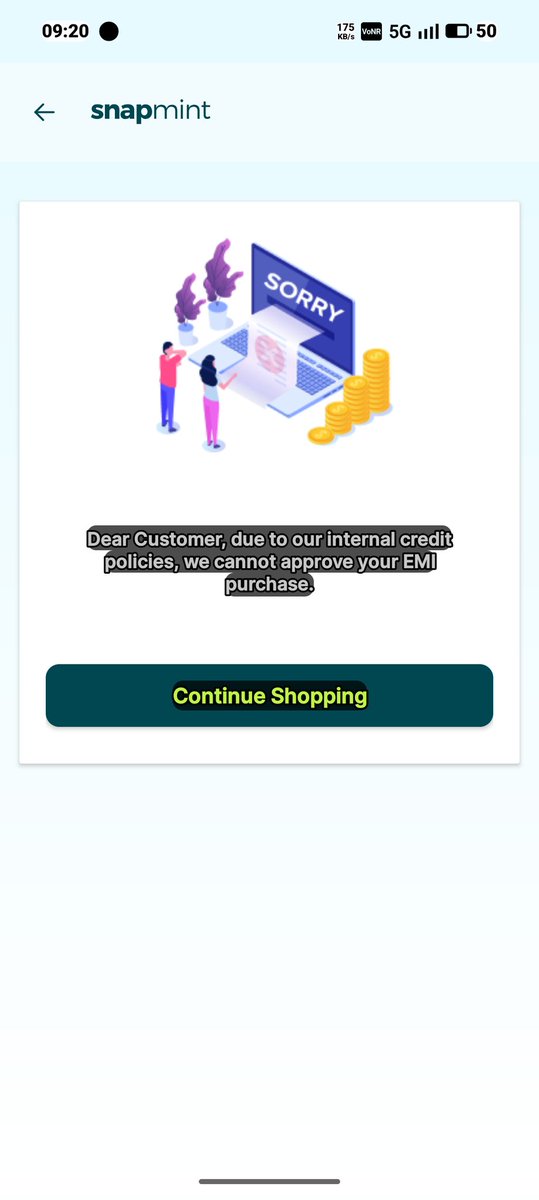 mujeeb0104's tweet photo. @SnapmintEmi @SnapmintEmi
My credit limit has been blocked for 2 months with the “internal credit policies” error.
Please check and help reactivate my limit. Screenshot attached.
I can share my contact details in DM if required. https://t.co/tdgl9fazMp