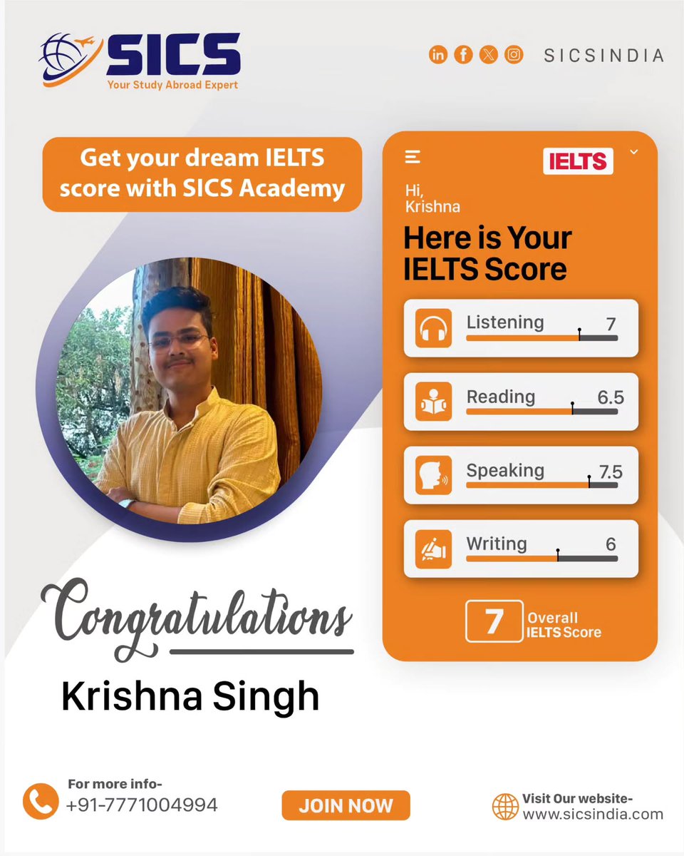 sicsindia's tweet image. We would like to congratulate Krishna Singh for scoring an overall 7 band in #ielts ...
.
We are so proud of your achievement and we are grateful to have been a part of your journey...
.
.
#studyoverseas #studyabroad #internationaleducation #educationabroad #studentvisaconsultant