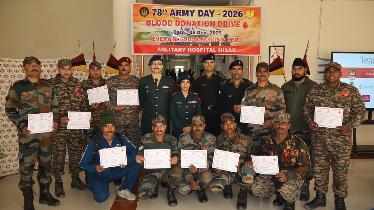 SWComd_IA's tweet photo. Blood Donation that Saves Lives

A Blood Donation Camp was organised at MH Hisar for Serving Personnel of #DotOnTarget Division as a prelude to the 78th Army Day Parade 2026 celebrations.

The camp was inaugurated by the Deputy General Officer Commanding, DOT Division, along with senior officials. A total of 120 donors, including Serving Personnel and Civilians, came forward to contribute to this noble cause.

Donors were also sensitised about the importance of voluntary blood donation and how such contributions help strengthen the bond between the Indian Army and the civil society.

A proud moment of service, compassion and commitment to the nation.

#DotOnTarget
#SaptaShaktiCommand
#ADP2026
#ArmyDayParade2026
#ArmyDayParadeJaipur2026
#BloodDonation
#DonateBloodSaveLives
#IndianArmy
#WeCare

@adgpi
@HQ_IDS_India
@SpokespersonMoD
@PRODefRjsthn
@prodefencechan1