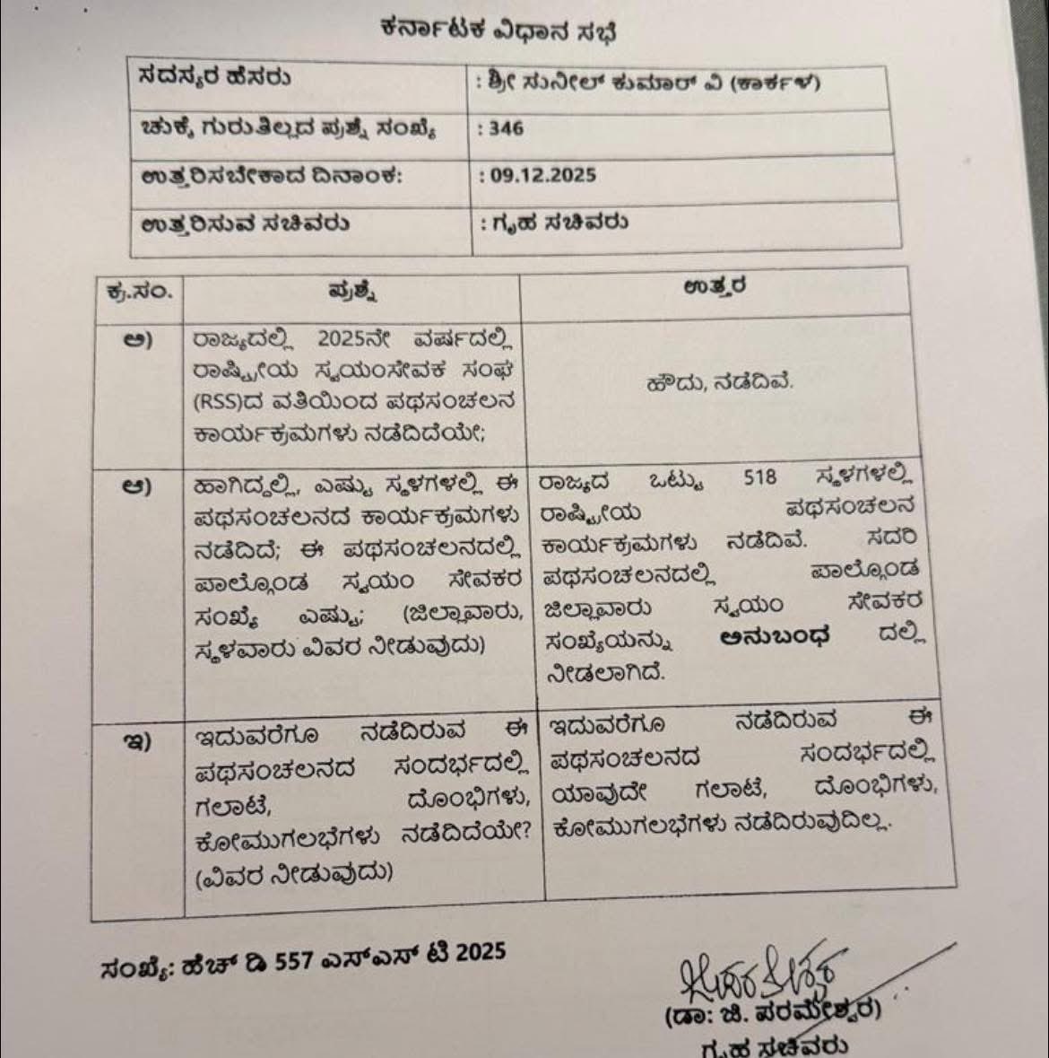 rajeshpadmar's tweet photo. Karnataka Home Minister Dr G Parameshwar answers in Vidhana Sabha; RSS Swayamsevaks participated in Path Sanchalan held at 518 Places peacefully. No reports of any Violence or Communal riots.
ರಾಜ್ಯದಲ್ಲಿ 518 ಕಡೆಗಳಲ್ಲಿ ಆರೆಸ್ಸೆಸ್ ಸ್ವಯಂಸೇವಕರಿಂದ ಶಾಂತಿಯುತ ಪಥಸಂಚಲನ: ವಿಧಾನಸಭೆಯಲ್ಲಿ ಗೃಹಸಚಿವ ಡಾ। ಜಿ. ಪರಮೇಶ್ವರ್ ಅವರ ಹೇಳಿಕೆ.