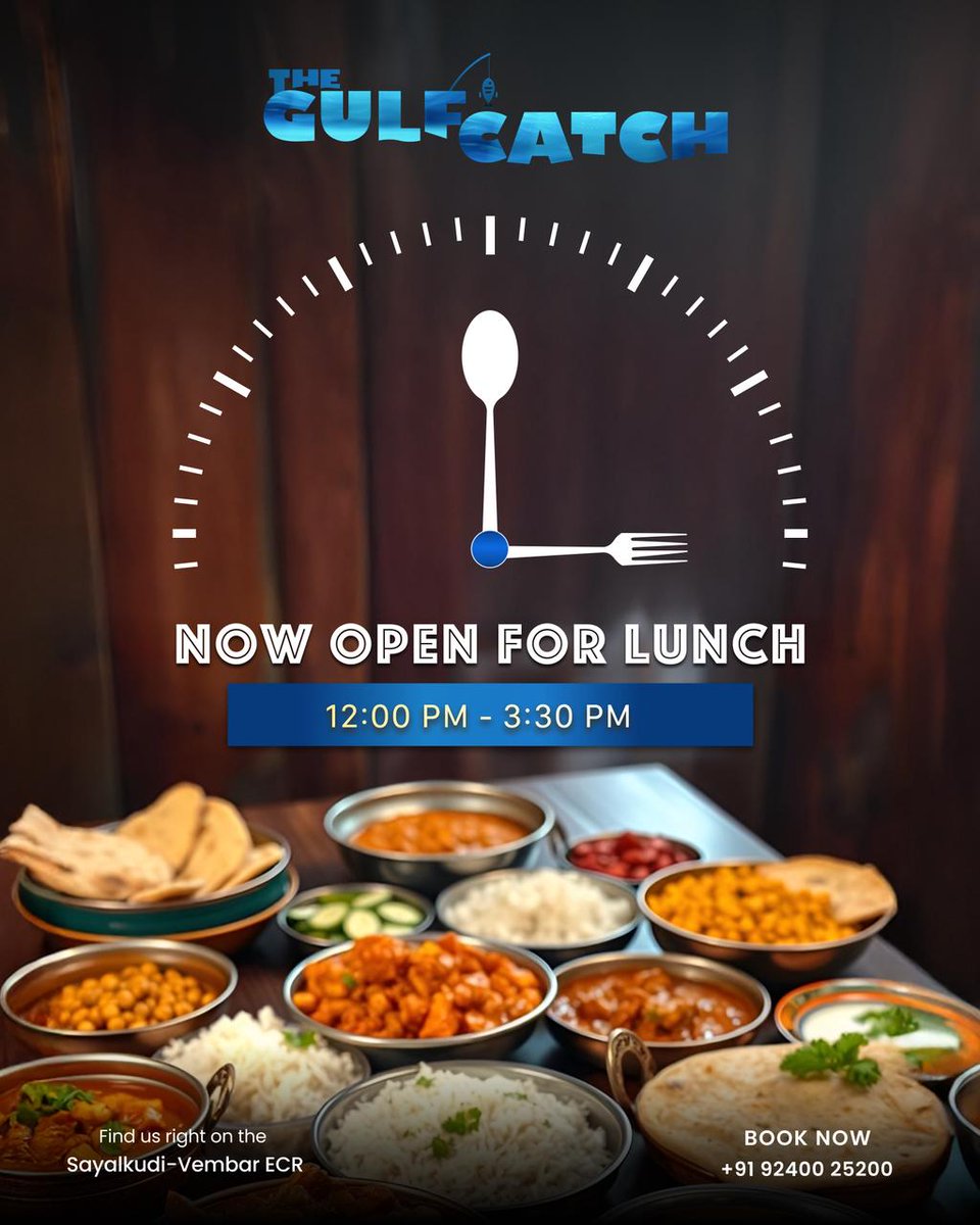 KFourHotel's tweet photo. Craving fresh exotic food for lunch?
We’re serving flavours you’ll love — every day from 12:00 PM to 3:30 PM.

Lunch is now OPEN at The Gulf Catch…come hungry &amp; leave happy!

📞 Call us: +91 92400 25200
🌐 https://t.co/BSErF3YPmo

#LaPalmera #BeachResort #Kfour #GulfCatch #Lunch https://t.co/3TC7EjEs6v