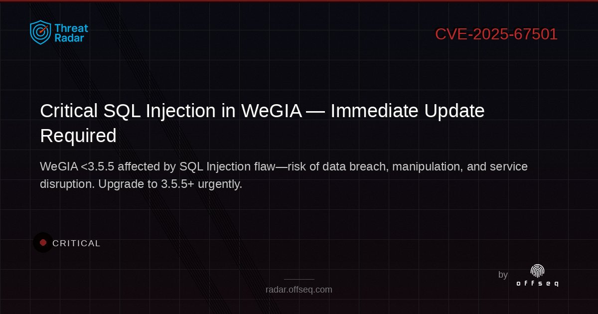 offseq's tweet image. 🚨 CRITICAL SQL Injection in WeGIA (&amp;lt;3.5.5) lets attackers access or alter sensitive data—upgrade now! Portuguese institutions at risk. Patch ASAP! radar.offseq.com/threat/cve-202… #OffSeq #Cybersecurity #SQLInjection