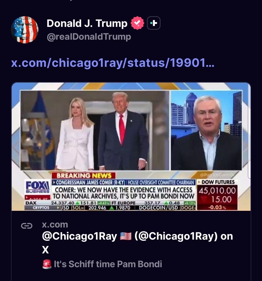 Chicago1Ray's tweet image. LET'S GO 🚨 

Trump wants justice served on Adam Schiff... he's said it publicly, he's posted about it, and he also Re-Truthed me 

My caption  ~ It's Schiff time Pam Bondi 

Raise your hand ✋️ if you think it's past time for @AGPamBondi to arrest Adam Schiff for conspiracy