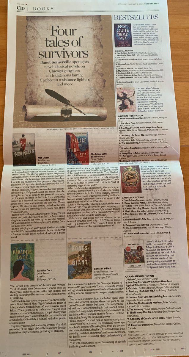 janetsomerville's tweet photo. AUGUST: #HistoricalFiction 
Bledsoe MOB QUEEN
@olivesenior PARADISE ONCE
@SimonTolkien THE PALACE AT THE END OF THE SEA
Isaac BONES OF A GIANT

@BlackstoneAudio @AkashicBooks @LUAuthors @PenguinRandomCA https://t.co/yfqxC90PCJ