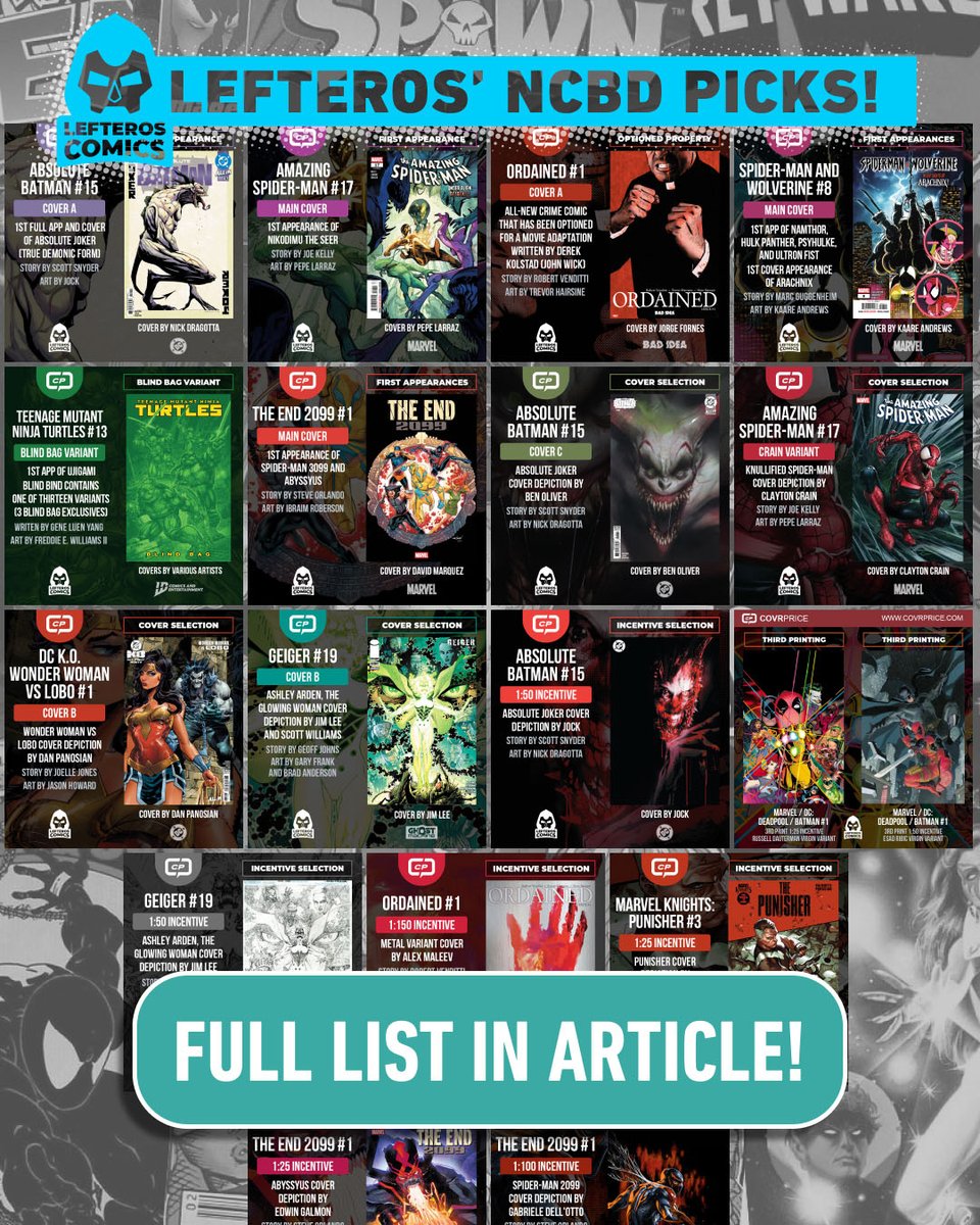 We’ve got your New Comic Book Day picks from <a href="/LefterosComics/">Lefteros Comics</a>! Hit your LCS with confidence.⁠

#Comics from <a href="/Clayton_Crain/">Clayton Crain</a> <a href="/danielwarrenart/">Daniel Warren Johnson</a> <a href="/GhostMachinePro/">Ghost Machine</a> <a href="/JimLee/">Jim Lee</a> <a href="/Jock4twenty/">jock</a> <a href="/PepeLarraz/">PepeLarraz</a> <a href="/Ssnyder1835/">Scott Snyder</a> <a href="/thatJoeKelly/">Joe Kelly</a> and more! 

LINK: covrprice.com/cp-content/202…