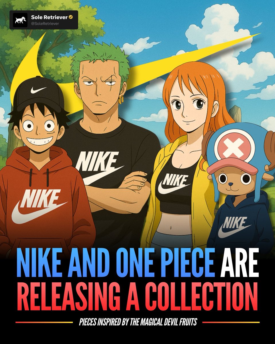 SoleRetriever's tweet image. EXCLUSIVE: Nike and iconic Japanese manga One Piece are releasing a co-branded collection in Fall 2026 🗓️ 🏴‍☠️

Pieces are inspired by the magical Devil Fruits that give the characters powers 🍇🍊🫐🍅

Hats ($35), shirts ($45), and jerseys ($95) are confirmed ✅